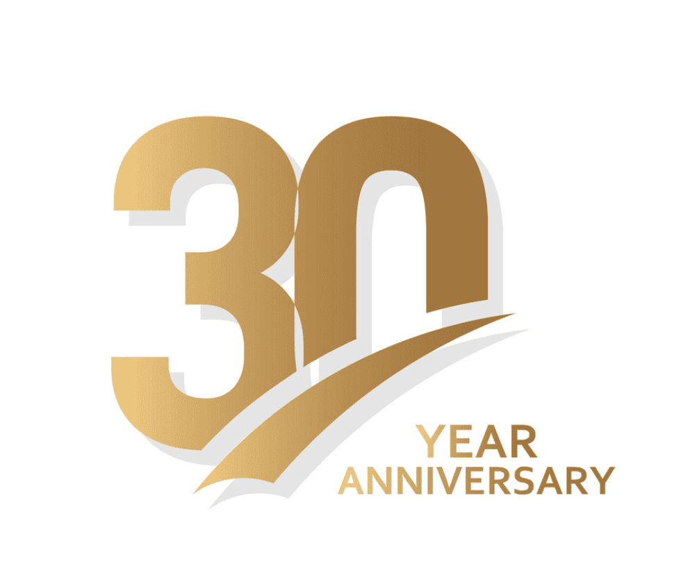 Gold text on w white background reading 30 year anniversary