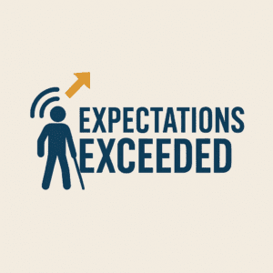 The image shows the logo for the “Expectations Exceeded” event. It features a stylised dark blue figure holding a white cane, with three curved signal lines above the head and a golden-yellow upward arrow. To the right of the figure, the bold text “EXPECTATIONS EXCEEDED” is displayed in uppercase dark blue letters, stacked over two lines. The background is off-white.
